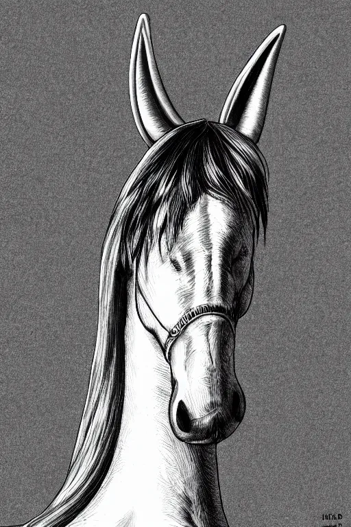 Image similar to horse with a narwhal horn, symmetrical, highly detailed, digital art, sharp focus, trending on art station, kentaro miura manga art style