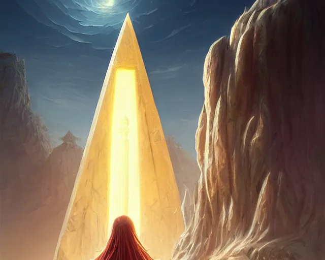 Image similar to priestess of light standing a glowing obelisk etched with burning inscriptions, fantasy art by marc simonetti, artgerm, artstation, celestial mountain grove, moonlight, sylvain sarrailh