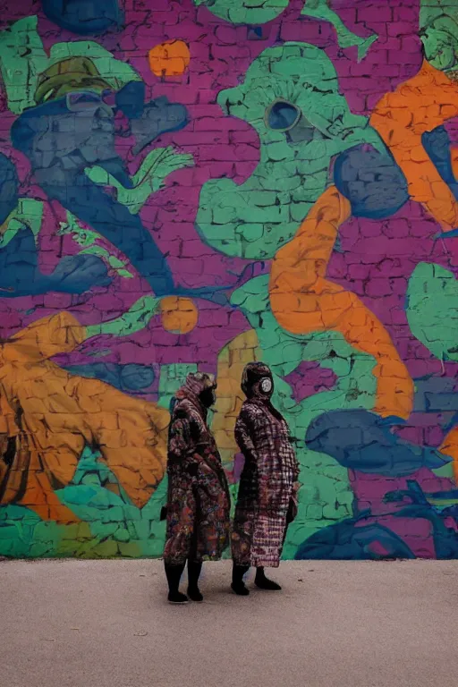 Image similar to a surreal portrait of two women wearing gas masks camouflaged into a wall of colorful graffiti in the style of brooke didonato, editorial fashion photography from vogue magazine, full shot, nikon d 8 1 0, ƒ / 2. 5, focal length : 8 5. 0 mm, exposure time : 1 / 8 0 0, iso : 2 0 0