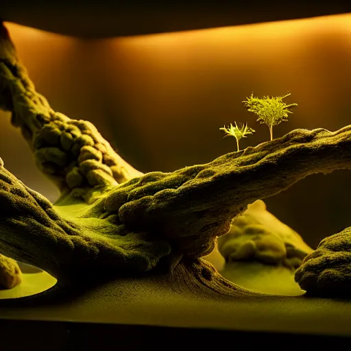 Image similar to rhizomuse lifeforms, diorama, stunning photo, artist impression, cgsociety, abstract sculpture, warm ambient lighting, glow, deep shadows, hyperdetailed, 8 k