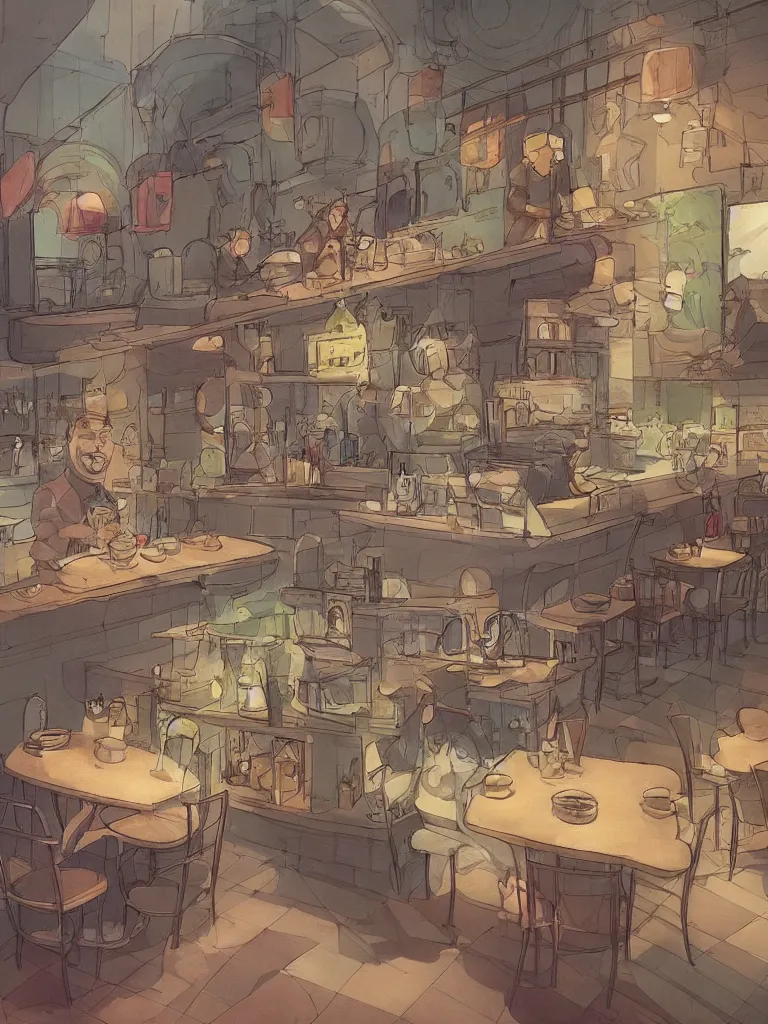 Image similar to cafe by disney concept artists, blunt borders, rule of thirds