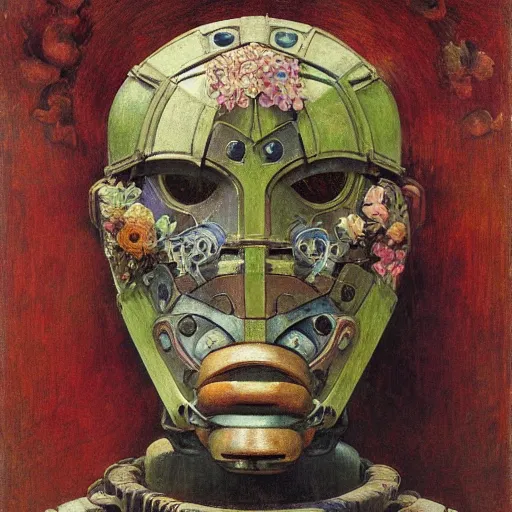 Image similar to a robot wearing a mask made of flowers, by annie swynnerton and diego rivera and nicholas roerich and jean delville, symbolist, dramatic lighting, elaborate geometric ornament, art brut, soft cool colors, smooth, sharp focus, extremely detailed, adolf wolfli and donato giancola