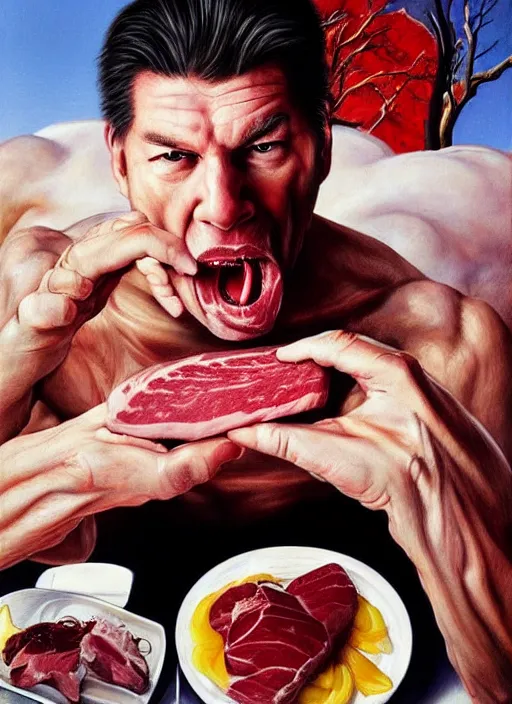 Prompt: ultrawide angle colour portrait masterpiece photography of vince mcmahon eating raw steak shot by annie leibovitz michael cheval miho hirano moebius josh kirb