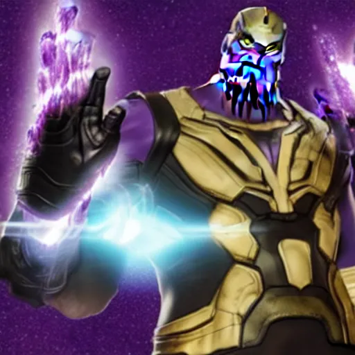 Image similar to thanos wearing a Nintendo power glove, promotional photo from avengers movie