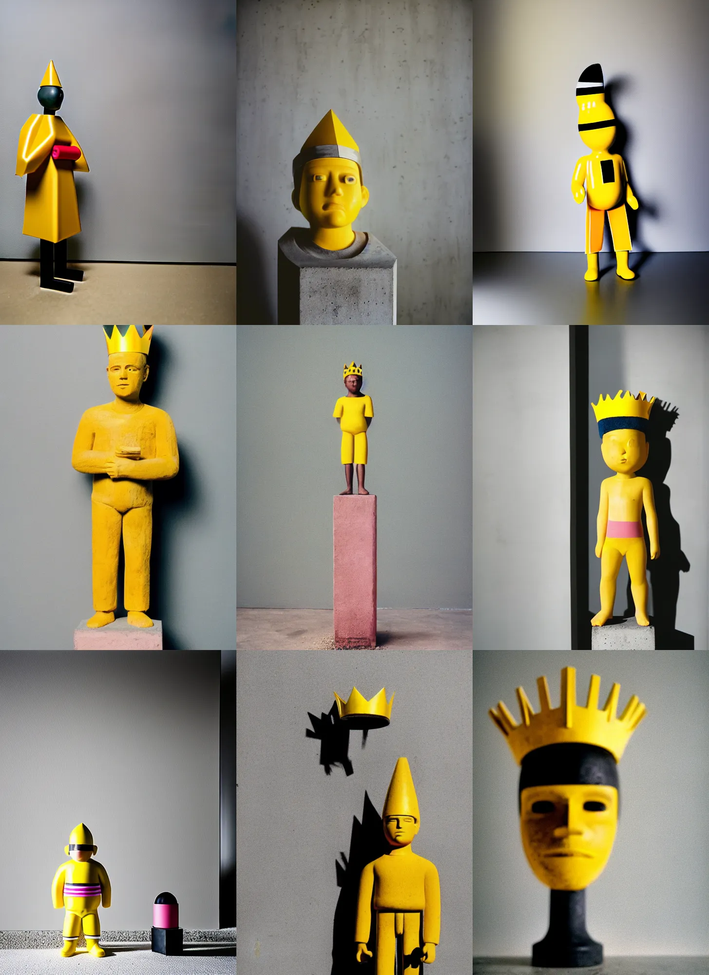 Image similar to kodak portra 4 0 0, 8 k, shot of a highly detailed, britt marling style, colour still - life portrait of a large minimalistic room, rough concrete walls, the wooden statue of a yellow black striped little man with pink crown on his head