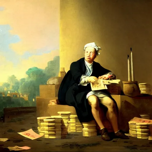 Prompt: Joseph Ducreux disregarding pile of money