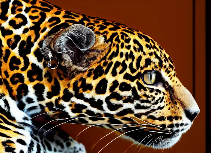 Image similar to photography of a Jaguar Cat . watching outside the window. on a bed. in a 70's room full of vinyls and posters, photorealistic, award winning photo, 100mm, sharp, high res