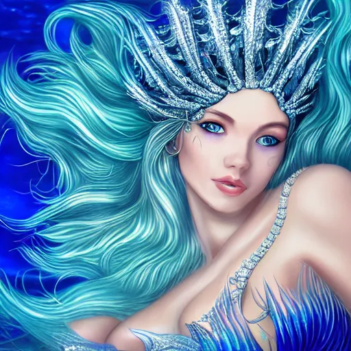 Prompt: an extremely realistic portrait of a fantastic real mermaid with an ultra perfect and ultra detailed wild face with beautiful, ultra detailed wild blue eyes a fantastic crown of diamons and a diamond dust glitter and sparkles tail, swimming in a beautiful blue ocean