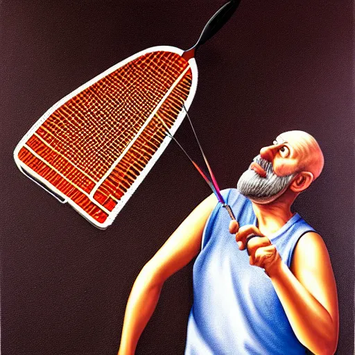 Image similar to hyperrealism painting from the housefly perspective getting swatted at from a man with a fly swatter