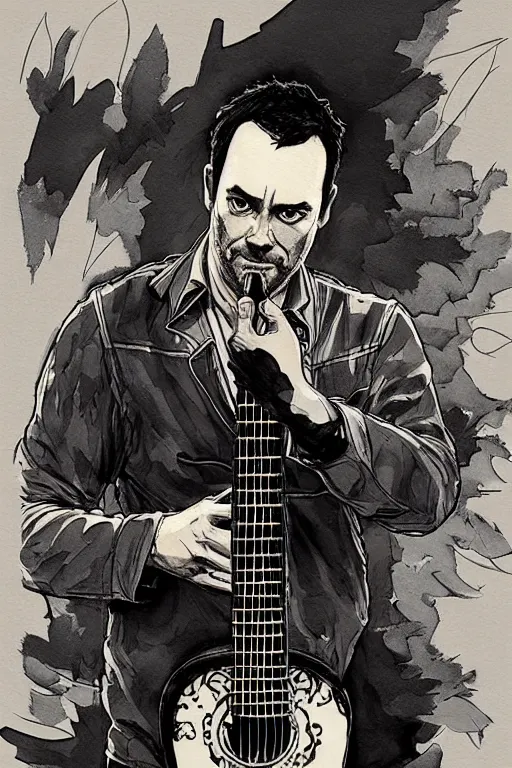 Prompt: full body portrait of dave matthews with an acoustic guitar, concept art, sumi - e style, intricate linework, artstation, trending, highly detailed, smooth, focus, art by yoji shinkawa and glenn fabry,