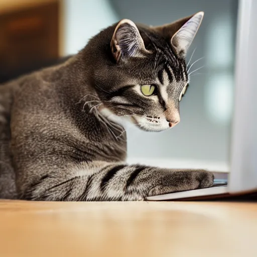 Image similar to a cat looking up cat videos on a computer using mouse with paw, 85mm f1.8