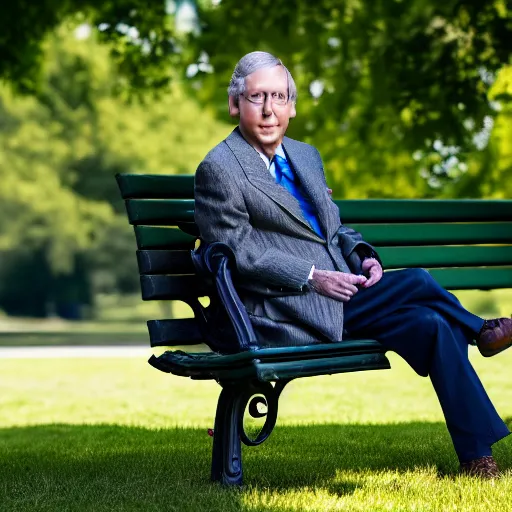 Image similar to photograph portrait of Mitch McConnell sitting on a park bench, sigma 85mm f/1.4, 4k, depth of field, high resolution, 4k, 8k, hd, full color