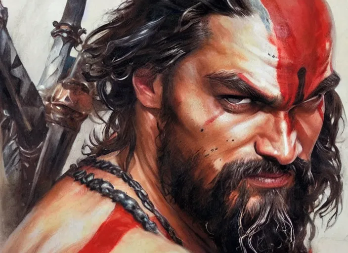 Image similar to a highly detailed beautiful portrait of jason momoa as kratos, by gregory manchess, james gurney, james jean