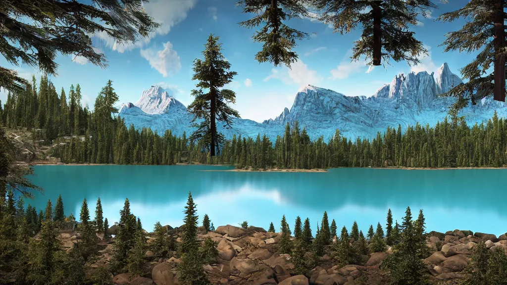 Image similar to a lake surrounded by tall pine trees with a mountain in the background, a detailed matte painting by senior environment artist, shutterstock contest winner, photorealism, rendered in unreal engine, matte painting, anamorphic lens flare