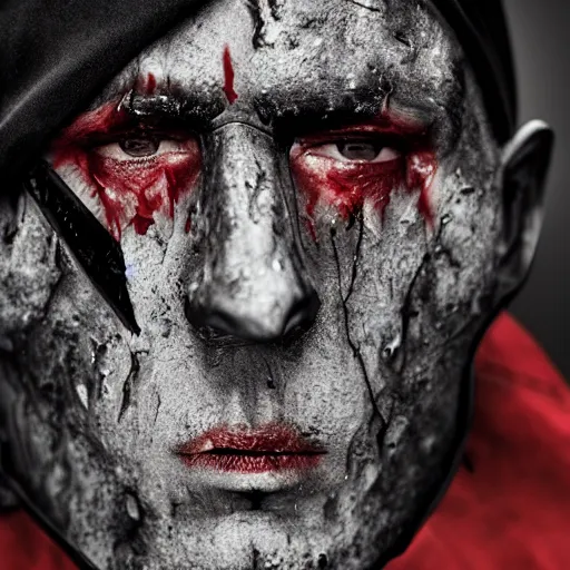 Image similar to headshot of a 5 0 year old soldier vertical grooves on the ridge of his nose, angular eyebrows, blood - spattered glossy sleek white dinged scuffed armor and a long torn red cape, heroic posture, battle - weary, strained expression, determined expression, no helmet, on the surface of mars, dramatic lighting, cinematic, sci - fi, hyperrealistic, detailed