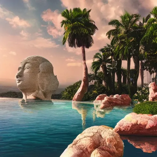 Image similar to masterpiece, hyperrealistic surrealism, award winning masterpiece with incredible details, epic stunning, infinity pool, a surreal vaporwave liminal space, highly detailed, trending on ArtStation, broken giant marble head statue ruins, calming, meditative, pink arches, flowing silk sheets, dreamscape, palm trees, very vaporwave, very very surreal, sharp details, artgerm and greg rutkowski and alphonse mucha, daily deviation, IAMAG