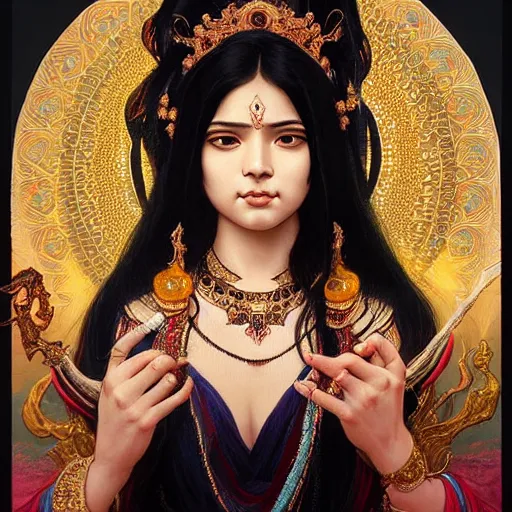 Image similar to Portrait of an hindu goddess with black hair, 3c, asian, dark art, D&D, fantasy, intricate, elegant, highly detailed, digital painting, artstation, concept art, matte, sharp focus, illustration, art by Artgerm and Greg Rutkowski and Alphonse Mucha