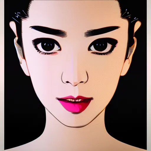 Image similar to tv actress with warm eyes, slim features, hallucinating happily. box office hit, nineties italian romcom. unreal engine, intricate, ultra detailed 8 k, ambient reflective occlusion, extremely beautiful and aesthetic shape of face, eyes, neck, and smile. art by hiroaki samura and ilya kuvshinov and monet and andy warhol, inverted