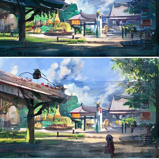 Image similar to concept art painting of a historic bakery with european and japanese architecture, in a forest village surrounded by trees, realistic, detailed, cel shaded, in the style of makoto shinkai and greg rutkowski and james gurney