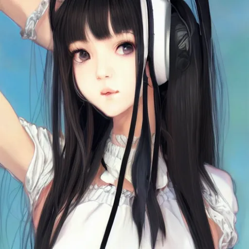 Image similar to realistic beautiful gorgeous natural cute Blackpink Lalisa Manoban black hair fur black cat ears, wearing white camisole summer outfit, headphones, black leather choker, tonemapping artwork drawn full HD 4K highest quality in artstyle by professional artists WLOP, Ayami Kojima, Aztodio, Alphonse Mucha, Taejune Kim, Guweiz on Pixiv Instagram Artstation