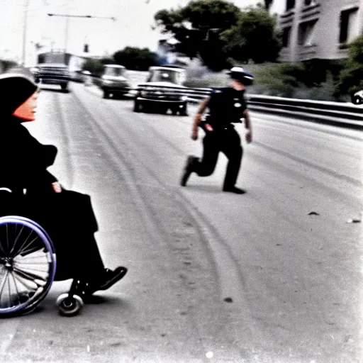 Image similar to Old woman in a wheelchair is chased by the police at very high speed. texas. colored photo. 1970.