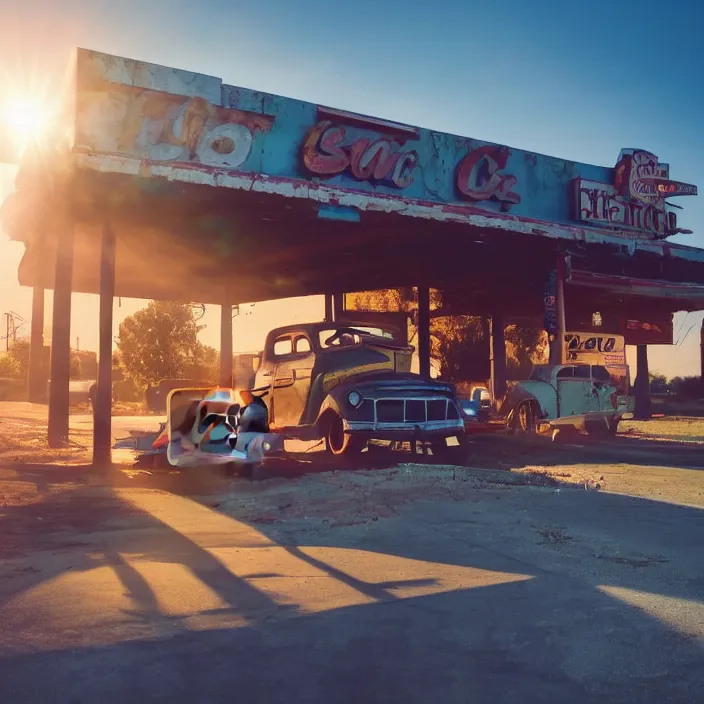 Image similar to a sunset light landscape with historical route 6 6, lots of sparkling details and sun ray ’ s, blinding backlight, smoke, volumetric lighting, colorful, octane, 3 5 mm, abandoned gas station, old rusty pickup - truck, beautiful epic colored reflections, very colorful heavenly, softlight