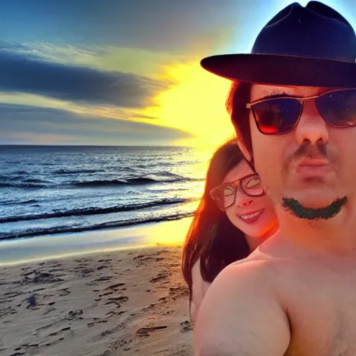 Image similar to cthulu photobombing a romantic selfie on a beach at sunset