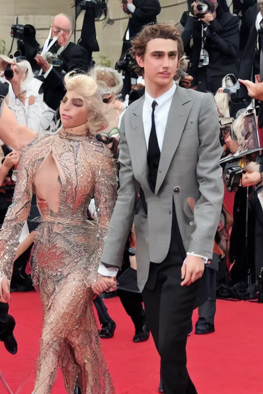 Image similar to timothee chalamet and lady gaga holding hands on the red carpet, beautiful detailed faces, canon eos