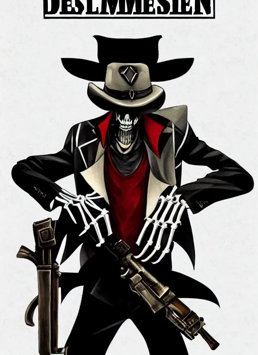 Image similar to shin megami tensei art of a demon that is a skeleton mafia gangster from 1 9 3 0 s holding a tommygun wearing a fedora, art by kazuma kaneko, demonic! compedium!, digital drawing, law - alligned, white background, high quality, highly detailed
