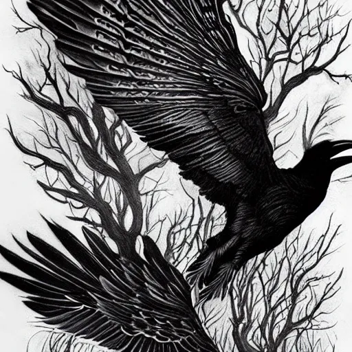 Image similar to surreal image depicting a raven combined with a deer and an owl but is also actually a window into the ocean. Fine line tattoo art. dark fantasy, intricate detail.