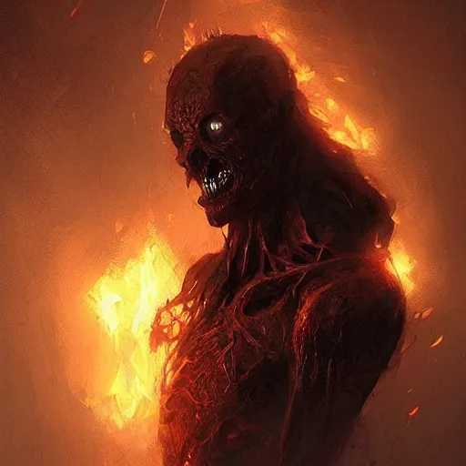 Image similar to a beautiful terrifying monster of ash and smoke, eyes and mouth glowing like burning embers. ethereal horror fantasy art by greg rutkowski