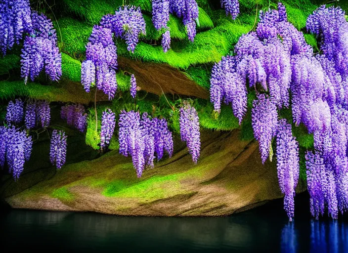 Prompt: long shot of a tiny wisteria tree on an island in a river in an underground cave. fantasy magic style. highly detailed 8 k. intricate. lifelike. epic. movie poster. soft light. sony a 7 r iv 5 5 mm. cinematic post - processing