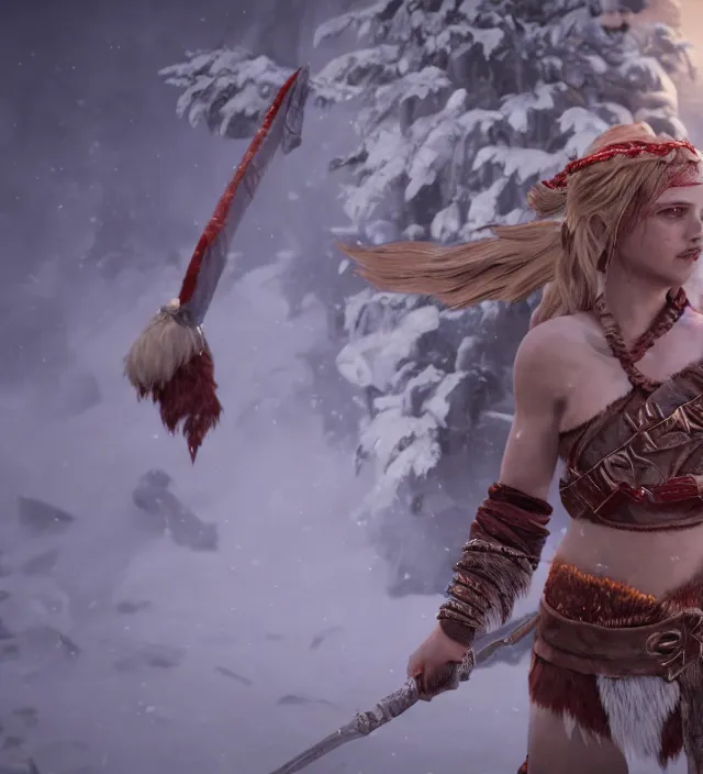 Prompt: scandinavian north goddess freyja kills musya, cinematic render, god of war 2 0 1 8, santa monica studio official media, lightning, stripe over eye