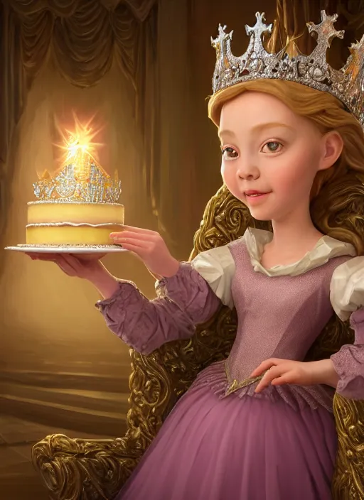 Image similar to highly detailed closeup, low - poly hands, portrait of a fairytale medieval princess wearing a crown and sitting on a throne eating cakes, unreal engine, low - poly hands, nicoletta ceccoli, mark ryden, earl norem, lostfish, global illumination, god rays, detailed and intricate environment