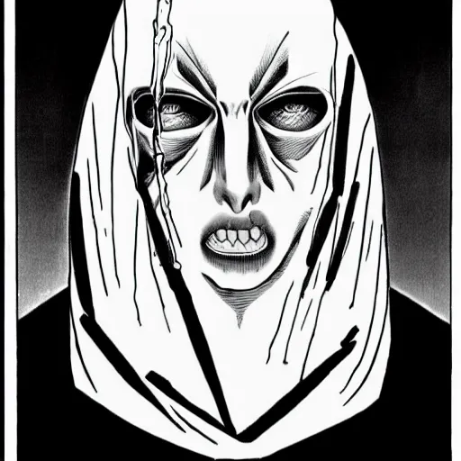 Prompt: a hooded man in a cracked porcelain mask, junji ito,