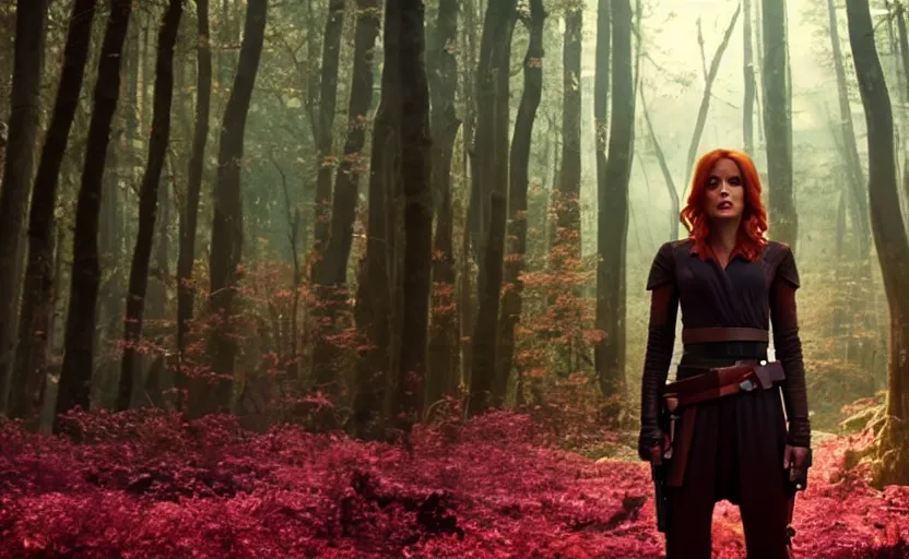 Prompt: cinematic still image screenshot portrait mara jade stands by / dramatic scene from force awakens crisp 4 k imax, kodak film stock, moody iconic scene, directed by jj abrams, beautiful glowing backlit pink forest