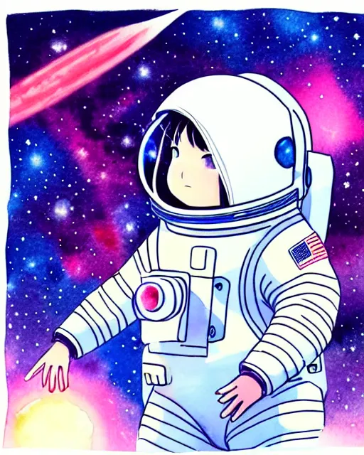 Image similar to oriental water color of a cute thicc female astronaut, floating through space, backlit, realistic anime