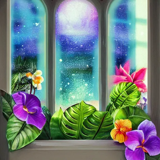 Prompt: a window full of tropical flowers, inside the window you can see the galaxy, fantasy art, trend in artstation