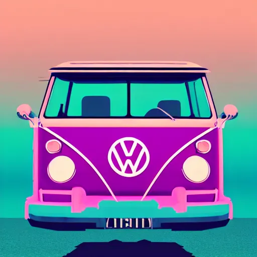 Prompt: VW Microbus driving, Synthwave, hotline Miami, aesthetic, high resolution, aesthetic, psychedelic