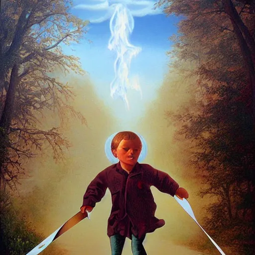 Prompt: a disappearing running child holding scissors in hand disappears evaporates dissolves into vapor, mist, smoke, a detailed matte painting by John Philip Falter and Jason Edmiston