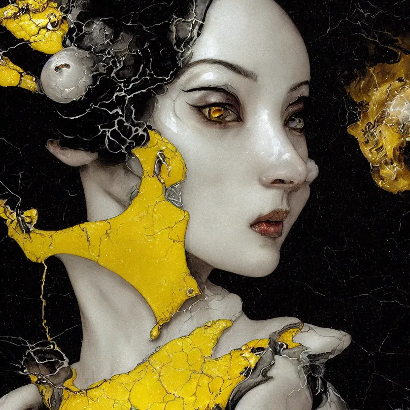 Prompt: a dark baroque close - up portrait of a vivid yellow and white porcelain being made out of white liquid sci - fi vitrified translucent ceramic marble ; china. reflective detailed textures. gloomy black background. highly detailed fantasy science fiction painting by moebius, norman rockwell, frank frazetta, and syd mead. rich colors, high contrast. artstation