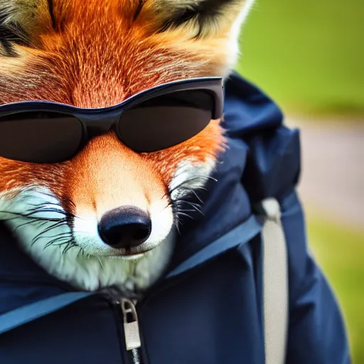 Prompt: close up of anthropomorphic fox animal, wearing a navy blue utility cap, sports sunglasses, and a bulletproof vest, 8 5 mm f / 1. 4