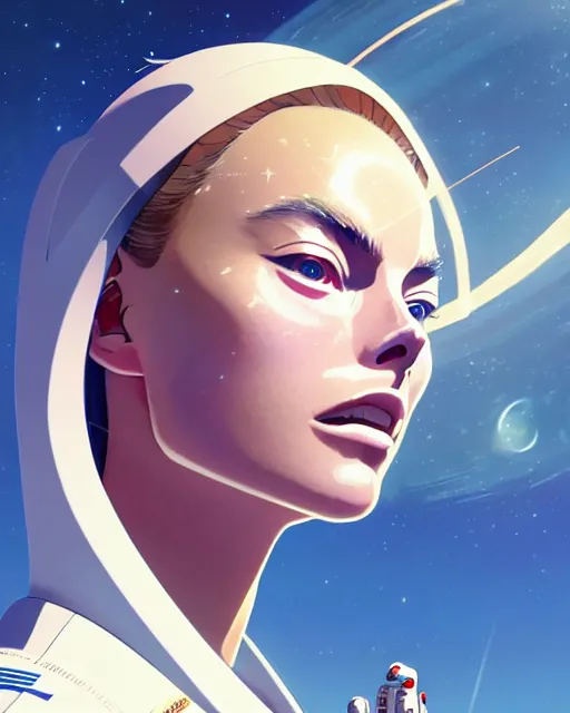 Image similar to azctec astronaut, margot robbie, detailed perfect face, exquisite details, fire magic, mid view, design on a white background, by studio muti, greg rutkowski makoto shinkai takashi takeuchi studio ghibli