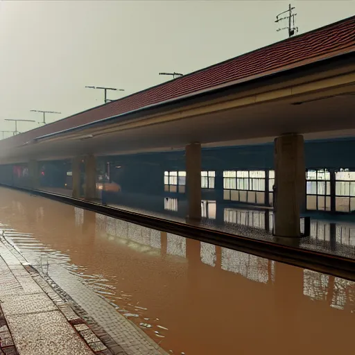 Image similar to photo of a train station, the floor is flooded with one meter deep water. eerie, volumetric lighting. highly - detailed 4 k