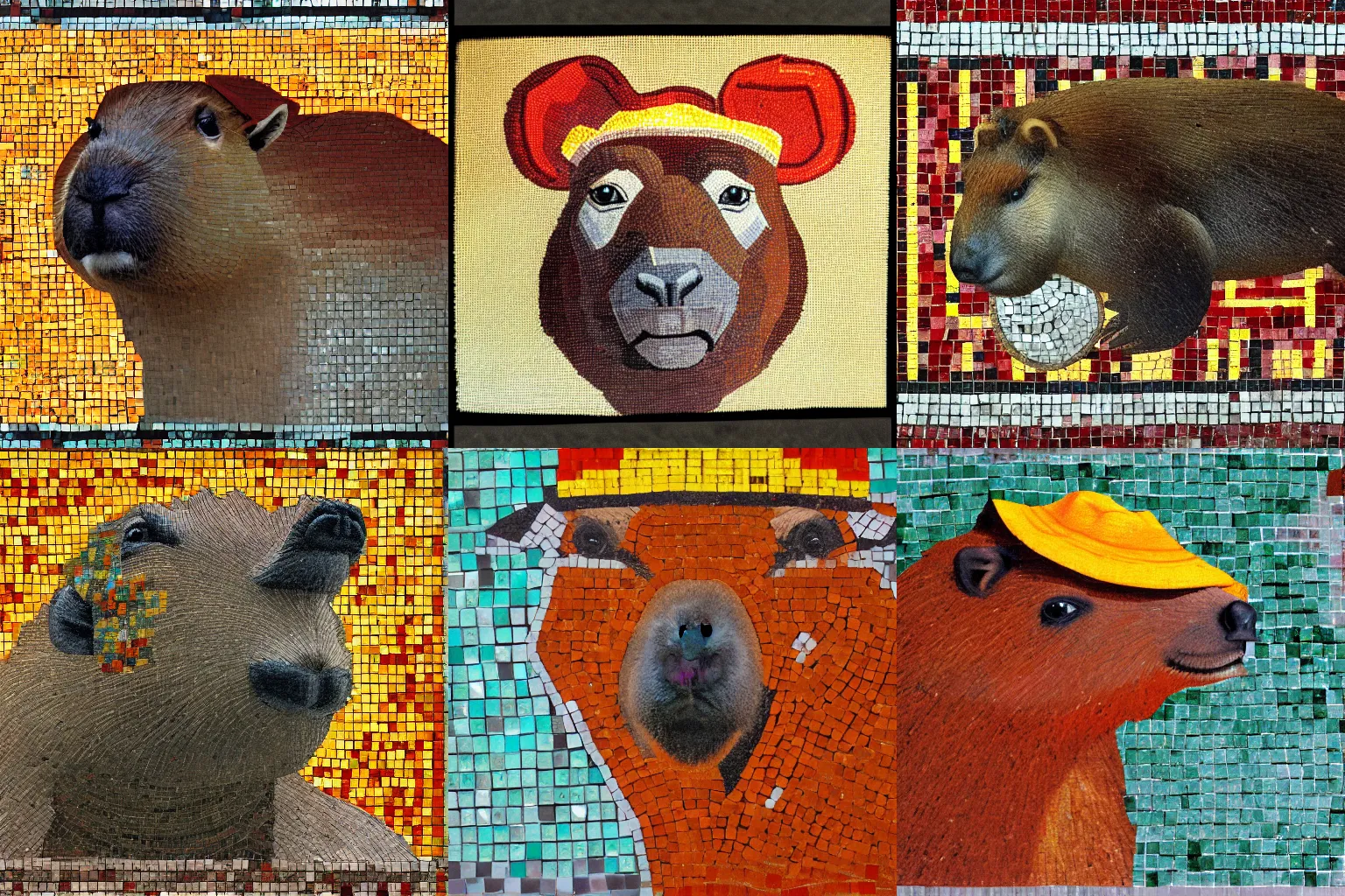 Prompt: soviet era mosaic of a capybara wearing a hat, photo, high resolution, 4k, 35mm film