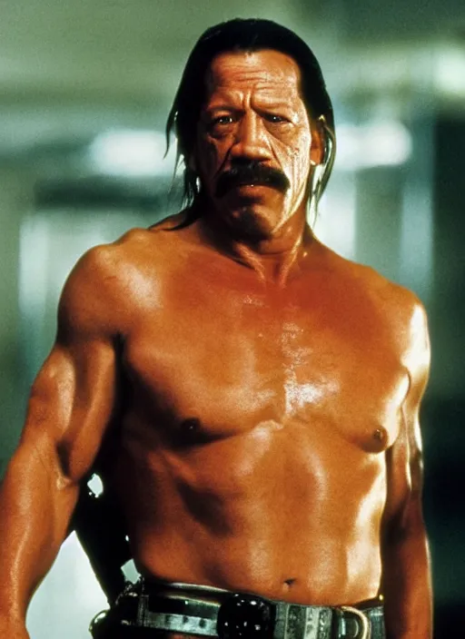 Image similar to film still of Danny Trejo as John McClane in Die Hard, 4k