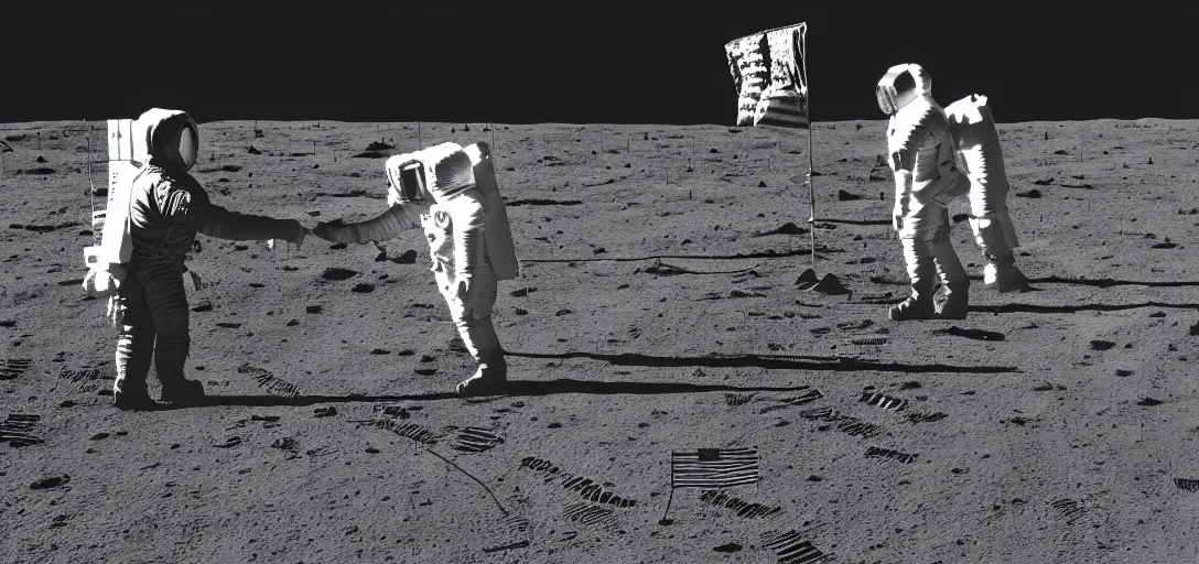 Image similar to JFK shaking hands with an alien on the moon 4k, award-winning art, digital art, matte painting, trending on artstation, 4k