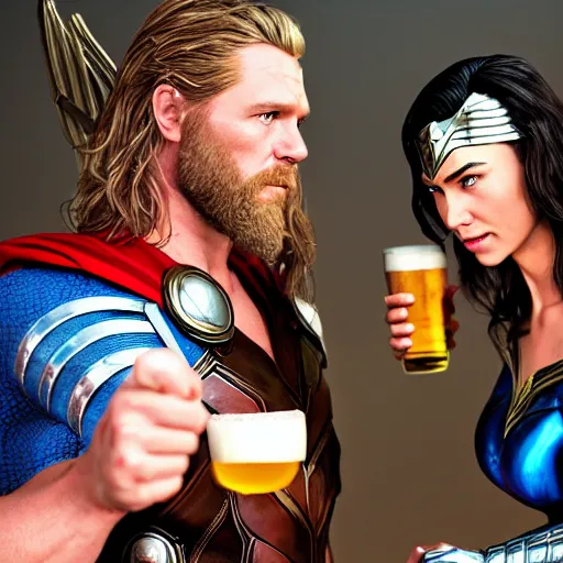 Image similar to cinematic film image of Thor and wonder woman having a beer, MCU, DCU, photo realistic, ultra detailed, trending on artstation, concept art, unreal engine render, 16k