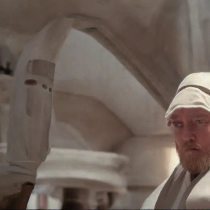 Image similar to obi wan kenobi but obese!!, photoralistic rendering, movie still, screenshot, hyperdetailed