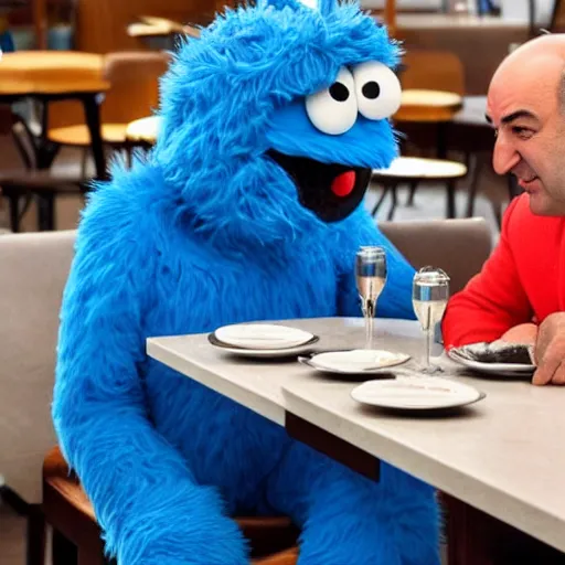 Image similar to lebanese Kevin O'leary talking with cookie monster, in a café